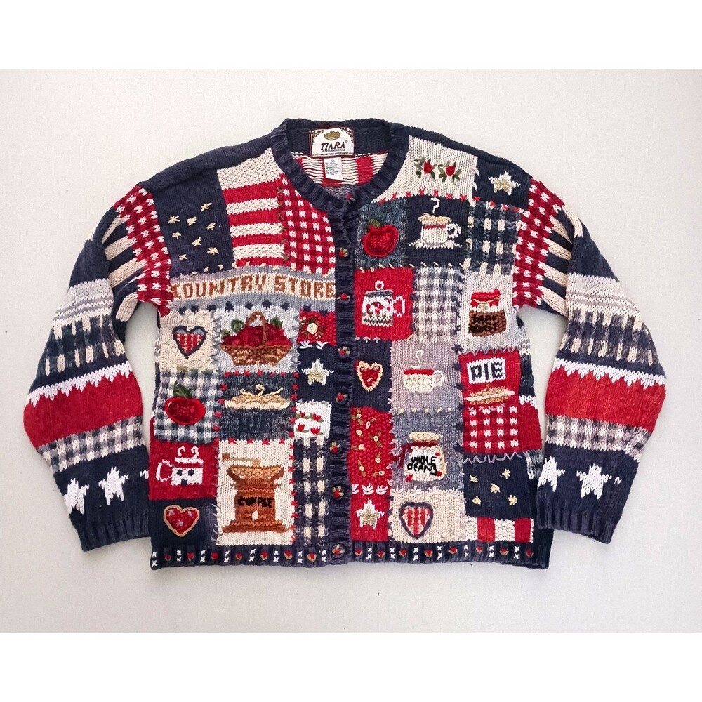 VTG Tiara International Americana Country Store Cotton Cardigan Cottagecore Sz M